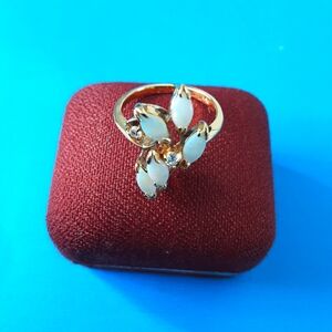 Vintage Faux Opal Cluster, CZ Accent 18k Vermeil Gold Costume Ring Sz 6 w/ Case